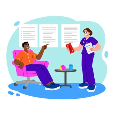 A nurse wearing scrubs and a friendly smile is standing next to a comfortable chair in a well-lit donation center. She holds a brochure titled "Plasma Donation Safety" and is pointing to key points in the brochure. The potential donor, a young adult with a curious expression, is seated in the chair, looking attentively at the nurse. The background features posters about plasma donation and safety tips. A small table nearby holds a glass of water and a stress ball. The atmosphere feels welcoming and informative.