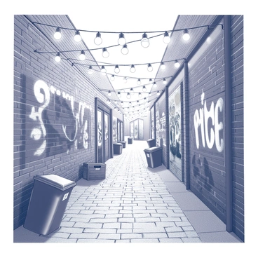 A narrow urban alley is filled with intricate graffiti art covering the brick walls. The vibrant murals depict various street art styles, showcasing bold shapes and detailed characters. Above, there is a creative lichterkette display, with numerous light bulbs strung across the alley, casting patterns of light on the ground. The uneven cobblestone pavement adds texture to the scene, while scattered trash bins and crates lean against the walls, contributing to the urban atmosphere. The overall composition creates a lively and dynamic environment.
