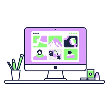 A computer screen displays a digital illustration portfolio. The screen features a series of vibrant digital art pieces arranged in a grid layout. Each art piece showcases different themes and subjects, with intricate details and textures visible. The computer itself is sleek and modern, sitting on a wooden desk. In the background, there is a pencil holder filled with green writing utensils and a small plant in a pot. The soft glow from the screen highlights the colors of the artwork.