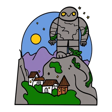 A stone golem silently watching over a village under a full moon.