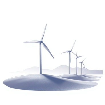 A series of windmills standing tall on a grassy hill. The blades of the windmills are positioned at different angles, creating a dynamic composition. The hill is gently sloping, covered with lush grass that appears textured. In the background, a range of distant mountains provides a sense of depth, their silhouettes contrasting with the horizon. The sky above is expansive and clear, offering an unobstructed view of the windmills and the natural landscape.
