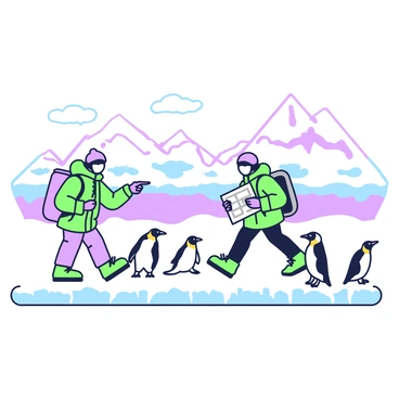 A snowy arctic scene is depicted with explorers trekking across the ice. In the foreground, two explorers are shown wearing warm, insulated clothing and carrying backpacks. One explorer is pointing ahead, while the other is looking down at a map. Nearby, a group of penguins is waddling on the ice, with a few standing close to the explorers. The background features a vast expanse of icebergs and snow-capped mountains under a clear sky. The icy terrain is textured with various patterns and ridges, enhancing the scene's authenticity.
