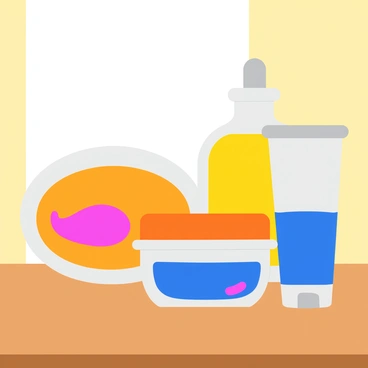 A colorful kit displayed on a wooden table, containing various bottles and jars of oils and lotions used for jelqing. The kit includes a transparent bottle filled with a smooth, clear oil, a small jar with a vibrant blue label containing a thick lotion, and a tube with a bright orange cap labeled “Enhancer.” Each container has unique designs, with the oil bottle showcasing a dropper top and the lotion jar being round with a tight lid. The arrangement is neat, with a subtle sheen reflecting off the surfaces of the bottles, against a backdrop of soft, natural lighting.