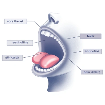 An illustration showing inflamed tonsils in a throat, with labels indicating symptoms and treatments.
