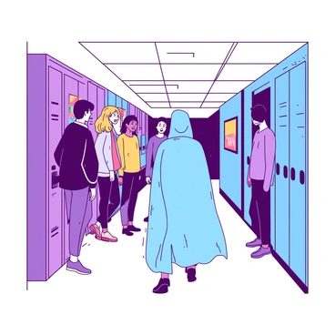 A student wearing a shimmering invisibility cloak is quietly moving through a school hallway. The cloak appears to blend seamlessly with the surroundings, making it difficult to see the student beneath. In the foreground, a group of friends stands chatting, unaware of the cloaked student sneaking past them. The hallway is lined with lockers on either side, and colorful posters adorn the walls. The friends are laughing and engaged in conversation, their backs turned to the cloaked figure. The atmosphere is filled with the excitement of school life.