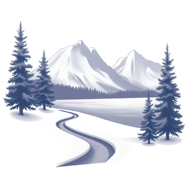 A winding winter trail leads through a snowy landscape. The path is bordered by tall pine trees, their branches heavy with snow. In the distance, a frozen lake glimmers, reflecting the surrounding snow-capped mountains that rise majestically against the sky. The mountains are rugged, with sharp peaks and slopes covered in a thick blanket of white snow. The scene conveys a sense of tranquility and isolation, with the only signs of life being the trail itself.