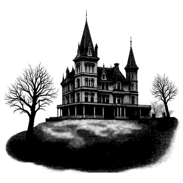 A grand old mansion stands prominently on a hill, showcasing its intricate architectural details such as ornate balconies and towering spires. The mansion is framed by a swirling mist that envelops the base, creating an air of mystery. Eerie trees with gnarled branches surround the property, their silhouettes stark against the misty backdrop. The scene is set in a still atmosphere, where the mansion's windows are dark, hinting at secrets within.