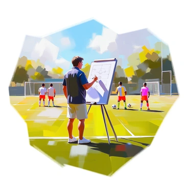 A soccer coach with short brown hair and a clipboard is standing at the edge of a green soccer field. He is intently drawing strategy plays on a large whiteboard set up beside him. The coach is wearing a black polo shirt and shorts, with a whistle around his neck. In the background, players in colorful uniforms are practicing drills, and a pair of goals is positioned at either end of the field. The sun is shining brightly, creating sharp shadows on the grass. 