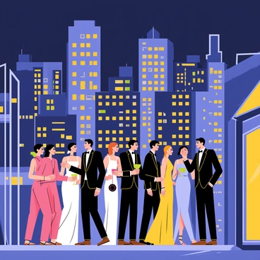 An illuminated city skyline with people in sophisticated night attire