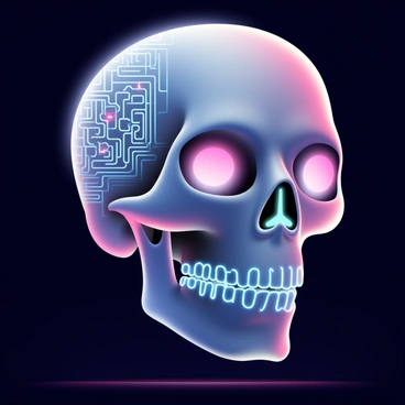 A futuristic skull is prominently displayed in the center of the image. The skull has a glossy, metallic surface that reflects light. Bright neon lights in shades of blue and pink are integrated into the skull, illuminating its features. Circuits made up of intricate lines and patterns are traced across the surface of the skull, glowing softly to emphasize the technological aspect. The background is dark, enhancing the vibrant colors of the neon lights and the detailed circuitry.