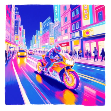 A futuristic motorbike races down a bustling city street illuminated by vibrant neon lights. The motorbike features sleek, aerodynamic lines and unique designs with glowing wheels that leave trails of light behind as it speeds forward. Surrounding the bike, tall buildings rise with colorful neon signs, casting reflections on the smooth asphalt roadway. The sky is dark, accentuating the bright colors of the city lights. In the background, silhouettes of other vehicles can be seen, adding to the dynamic atmosphere of the scene.