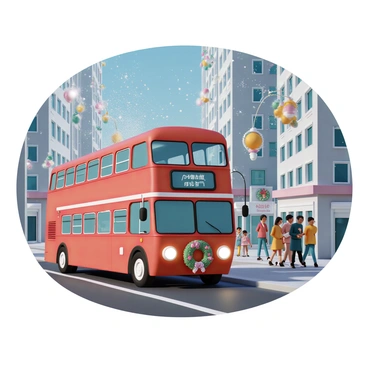 A red double-decker bus, decorated with colorful holiday lights and vibrant wreaths, is driving through a bustling city street. The bus has large windows reflecting the cheerful atmosphere around it. Snowflakes are gently falling from the sky, adding to the festive mood. Surrounding the bus, tall buildings are adorned with twinkling lights and festive banners. A group of pedestrians in winter clothing are smiling and admiring the decorations as they walk along the sidewalk.