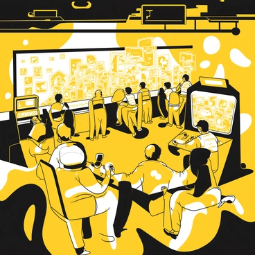 An underground arcade filled with numerous players. Some players are standing in front of large holographic screens, intensely focused on their games. Others are seated at consoles, their hands gripping controllers tightly. Bright holographic images of colorful characters and landscapes flicker above the screens. Neon lights illuminate the space, casting dynamic shadows on the walls. Players of different ages and styles are represented, showcasing a diverse crowd. The atmosphere is lively, with sounds of excitement and concentration permeating the air. A large central area displays a competitive game, drawing a crowd of spectators cheering and reacting.