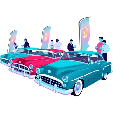 A row of vintage cars with shiny chrome details and vibrant paint colors, parked in a sunny outdoor setting. Each car showcases unique designs, featuring rounded edges and prominent grills from various eras. The sun casts bright reflections off their polished surfaces, highlighting the intricate details like hoods, bumpers, and tail fins. Spectators, dressed in casual summer attire, are gathered around, admiring the classic vehicles and taking pictures. A few colorful banners are visible in the background, adding to the festive atmosphere of the car show.