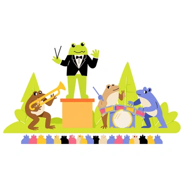 A green frog stands on a small wooden podium, holding a conductor's baton in one webbed hand. The frog is wearing a tiny black tuxedo jacket with a white bowtie. In front of the frog, a brown toad plays a shiny brass trumpet, puffing out its cheeks as it blows. Next to the toad, a blue toad is playing a set of colorful drums, rhythmically hitting the surface with its hands. The scene is set in a vibrant outdoor setting, with lush green grass and a few cartoon-style trees in the background, indicating a concert atmosphere. A small crowd of various animals sits in front, eagerly watching the performance.