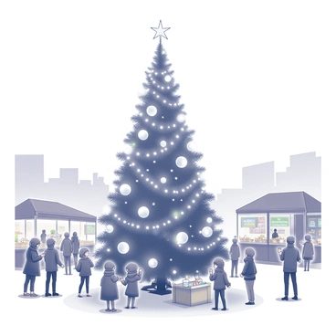 A decorated Christmas tree stands tall in the center of a bustling urban park. The tree is adorned with various ornaments and twinkling lights. Surrounding the tree, groups of people are engaged in festive activities, some holding steaming cups of hot beverages. Snowflakes gently fall from the sky, landing on the ground and on the branches of the tree. In the background, there are stalls selling holiday treats and gifts, with colorful signage inviting passersby. Children can be seen playing nearby, creating a lively atmosphere filled with joy and celebration.