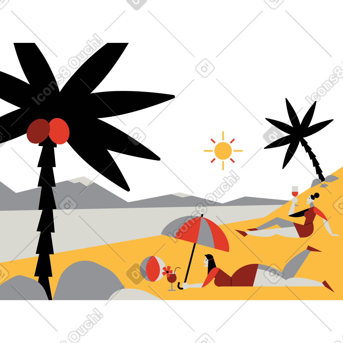 People relaxing on the beach illustration in Burgundy style download in PNG, SVG
