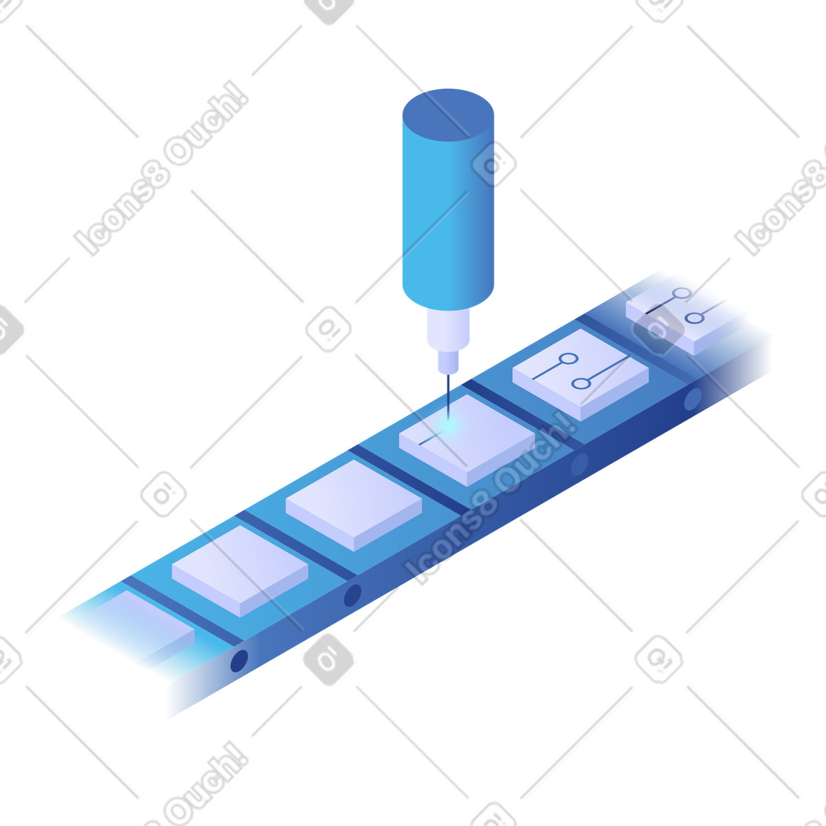 Conveyor belt with blocks and robotic tool head, Machine-Controlled Production Workflow illustration in Quantum style download in PNG, SVG