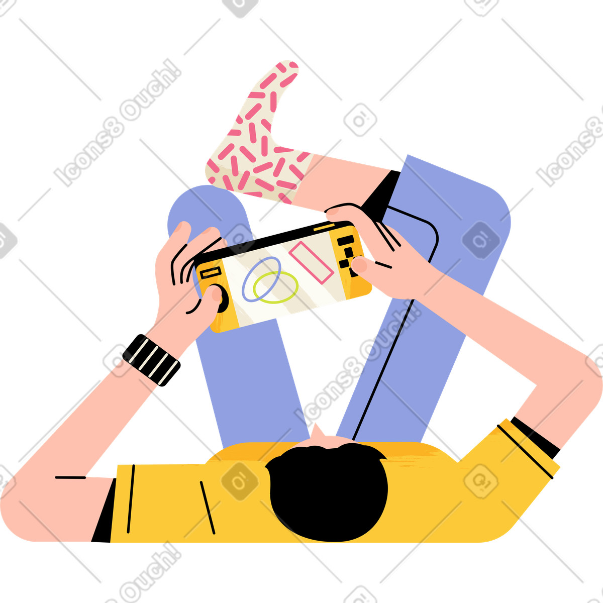 Illustration Homme allongé jouant sur une console de jeu dans le style Juicy à télécharger aux formats PNG, SVG