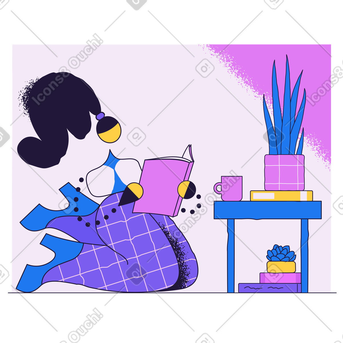 Conifer 스타일의 Sitting with book and coffee cup, Quiet home reading time 일러스트레이션 PNG, SVG 다운로드
