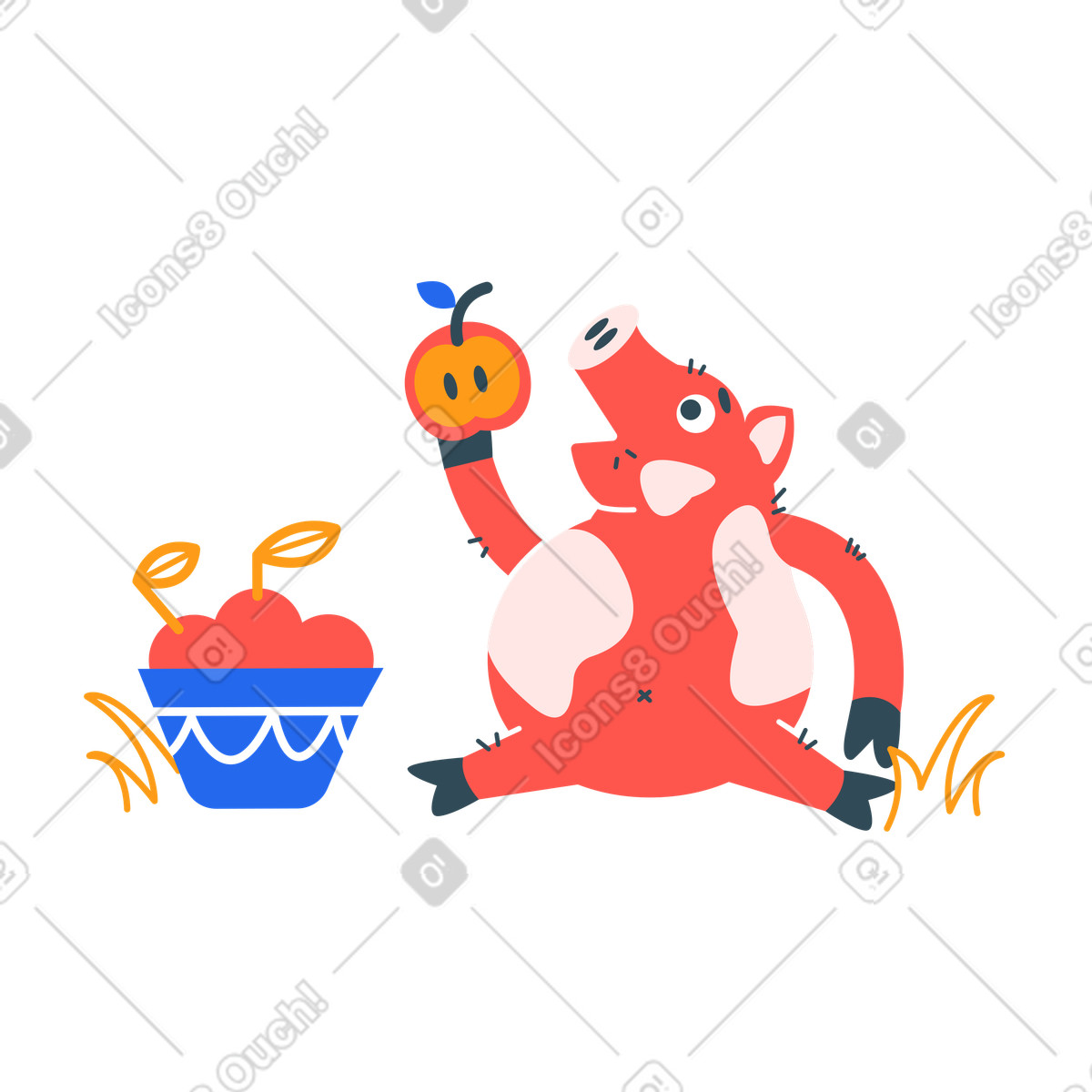 Pig eating apples from a bowl illustration in Kingdom style download in PNG, SVG