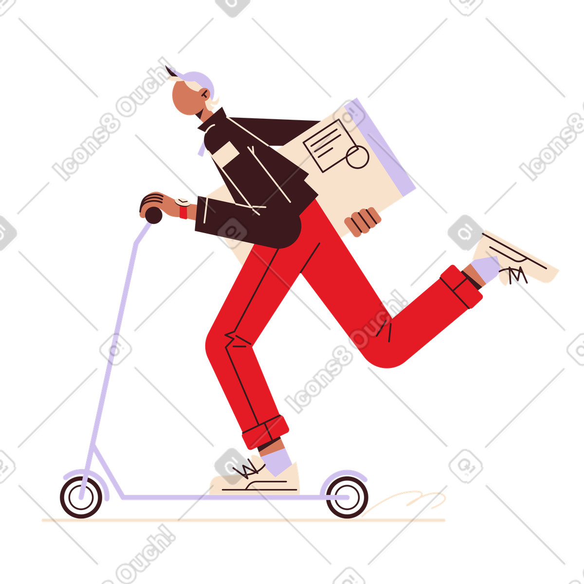Folks 스타일의 Courier with parcel riding kick scooter, urban delivery service 일러스트레이션 PNG, SVG 다운로드