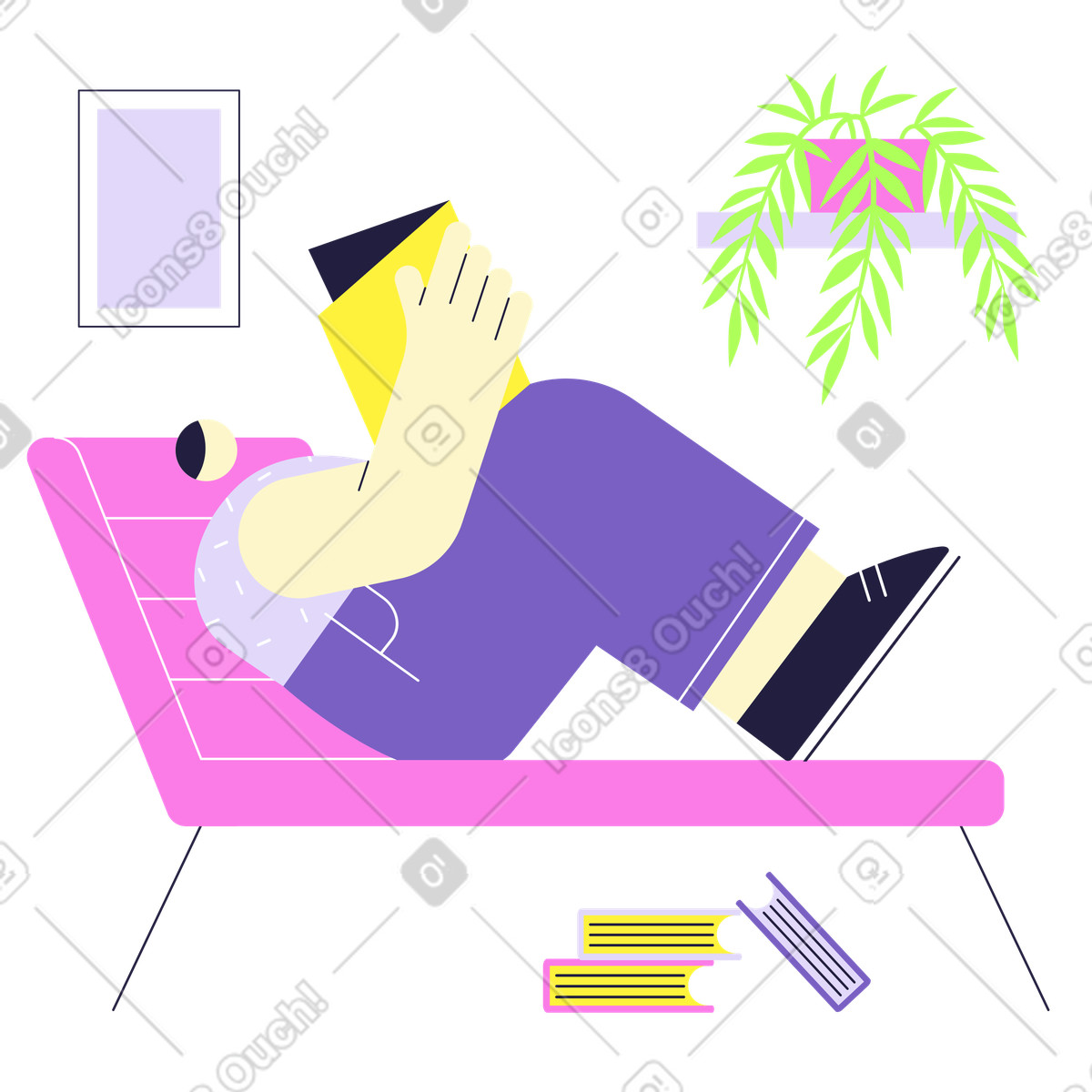 Ilustração de Enjoying book on lounge chair, Relaxation and leisure time at home em no estilo Mellow para baixar em PNG, SVG