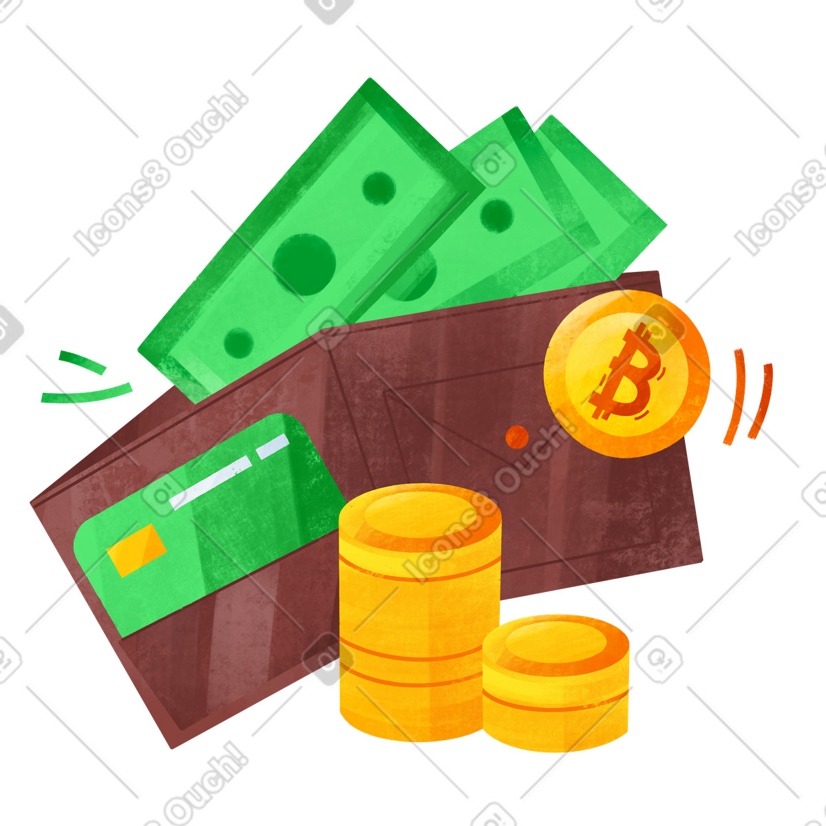 Bills, coins and a credit card in brown wallet illustration Bonbon style download PNG, SVG