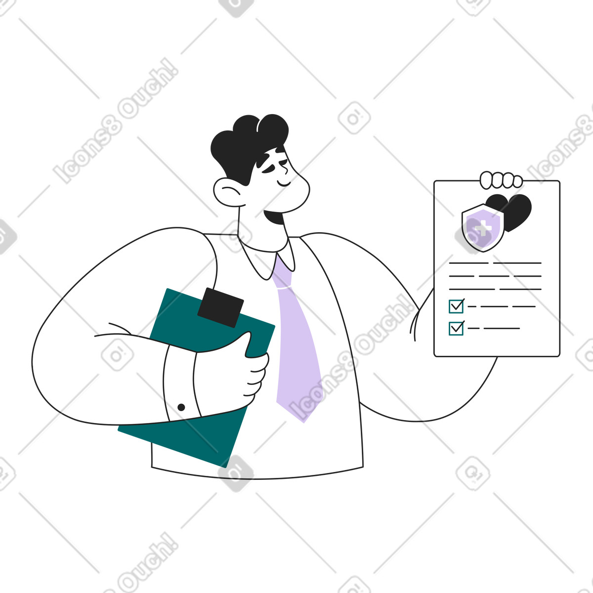 Ilustración Agente de ventas seguros que posee una póliza seguro médico en estilo Sammy Line a descargar en PNG y SVG