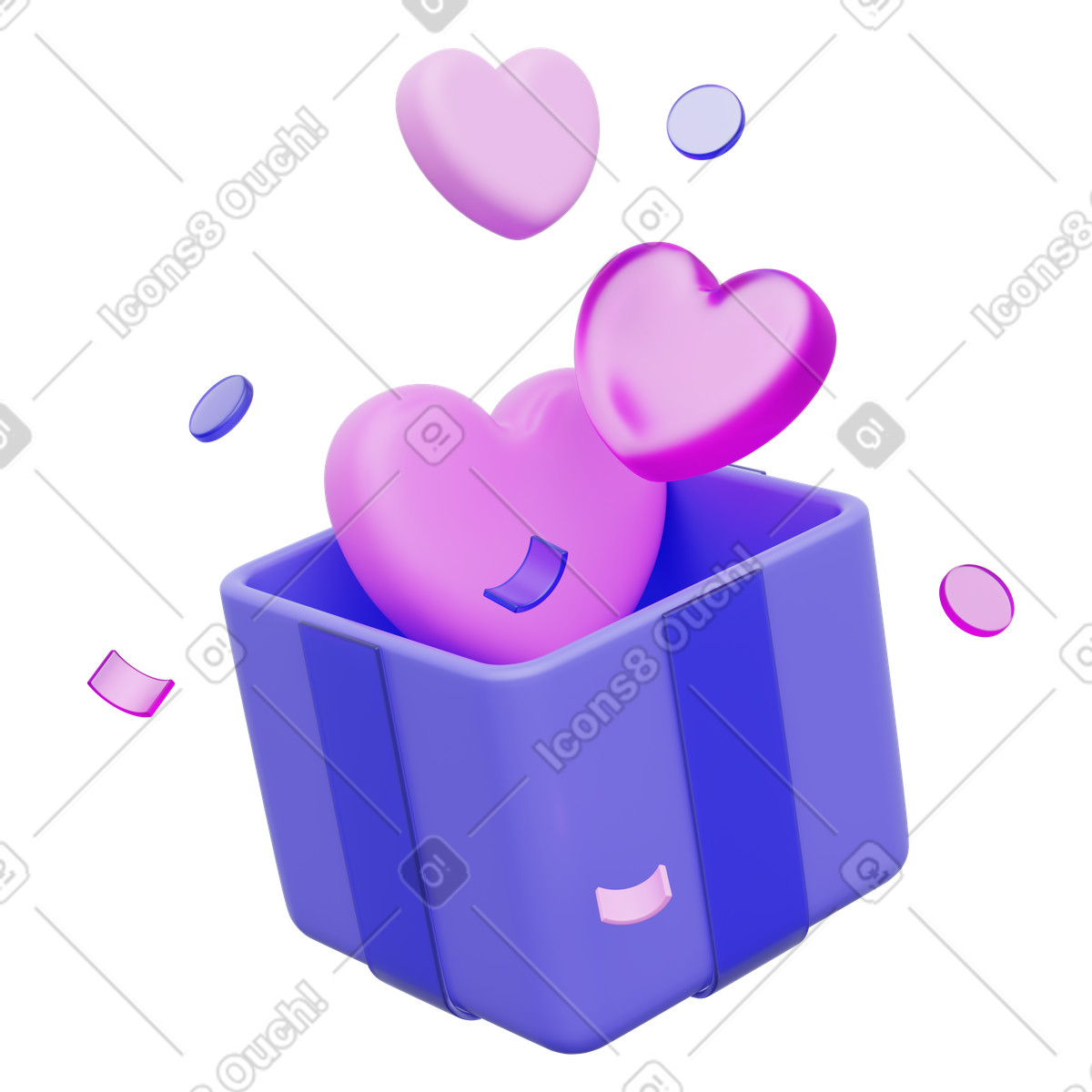 Open gift box with hearts, heart burst icon, romantic present symbol illustration in 3D Playful style download in PNG, SVG