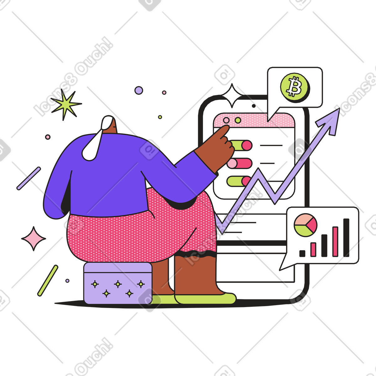 User interacting with analytics dashboard on smartphone, Mobile finance management illustrazione in stile Dazzle scarica in PNG, SVG