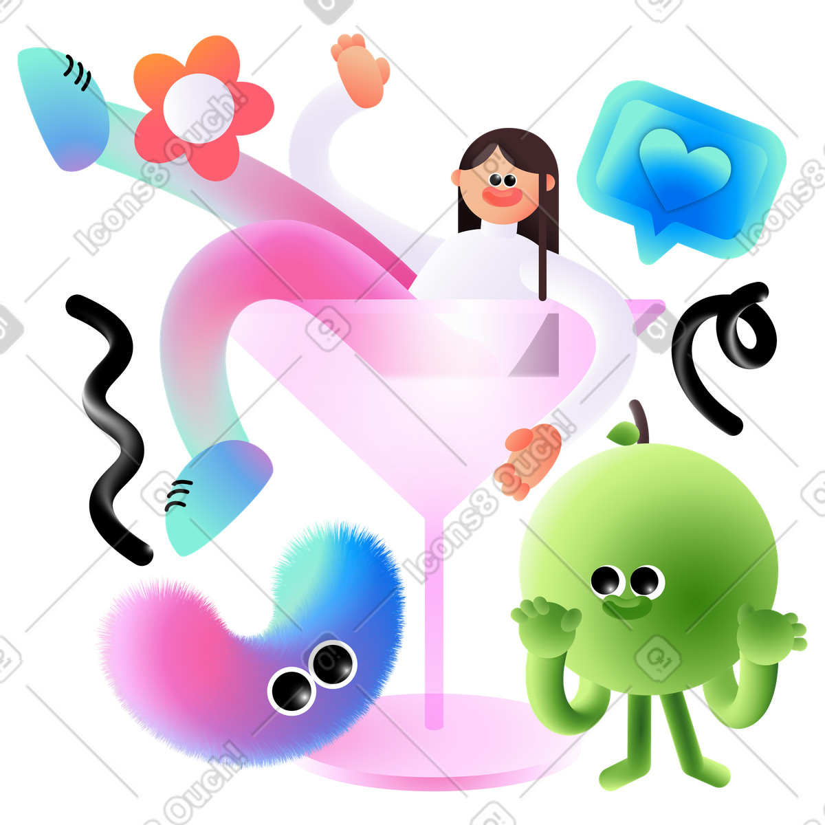 Donna rilassante in un bicchiere da cocktail illustrazione stile Puffy scarica PNG, SVG