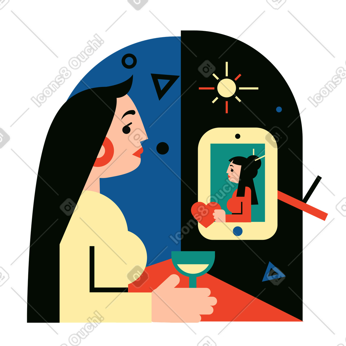 Lesbian couple virtual date, Same-sex online dating-Illustration im Polar-Stil als Download in PNG, SVG