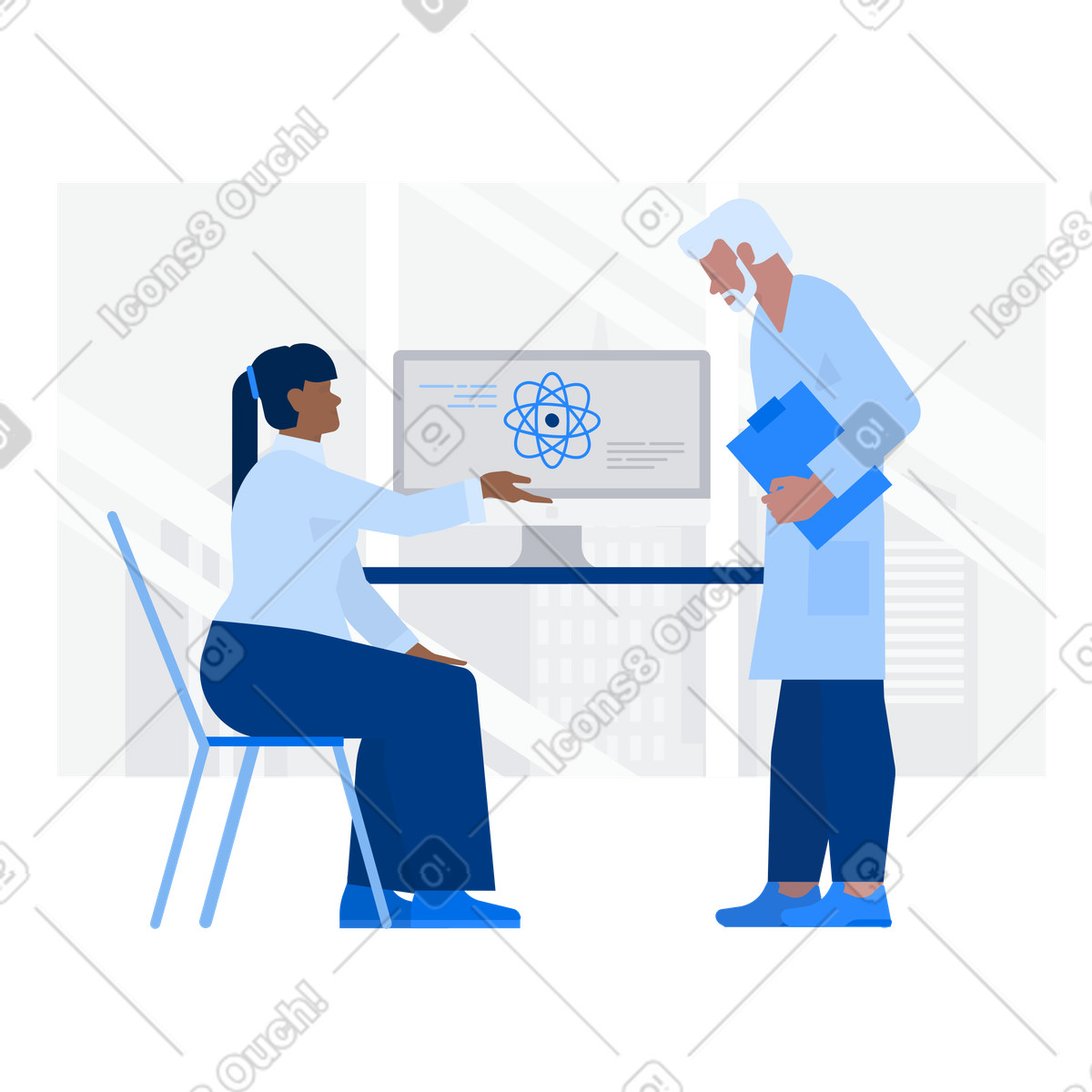 Wissenschaftler, die atom durch den computer studieren-Illustration im Urban-Stil als Download in PNG, SVG