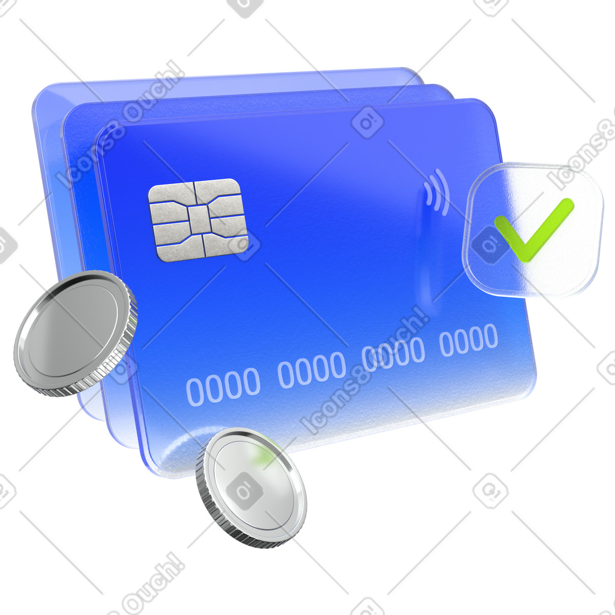 下载 3D Enterprise 风格的 Credit card with coins and check mark 动画插图，支持 GIF、Lottie （JSON）、AE 格式