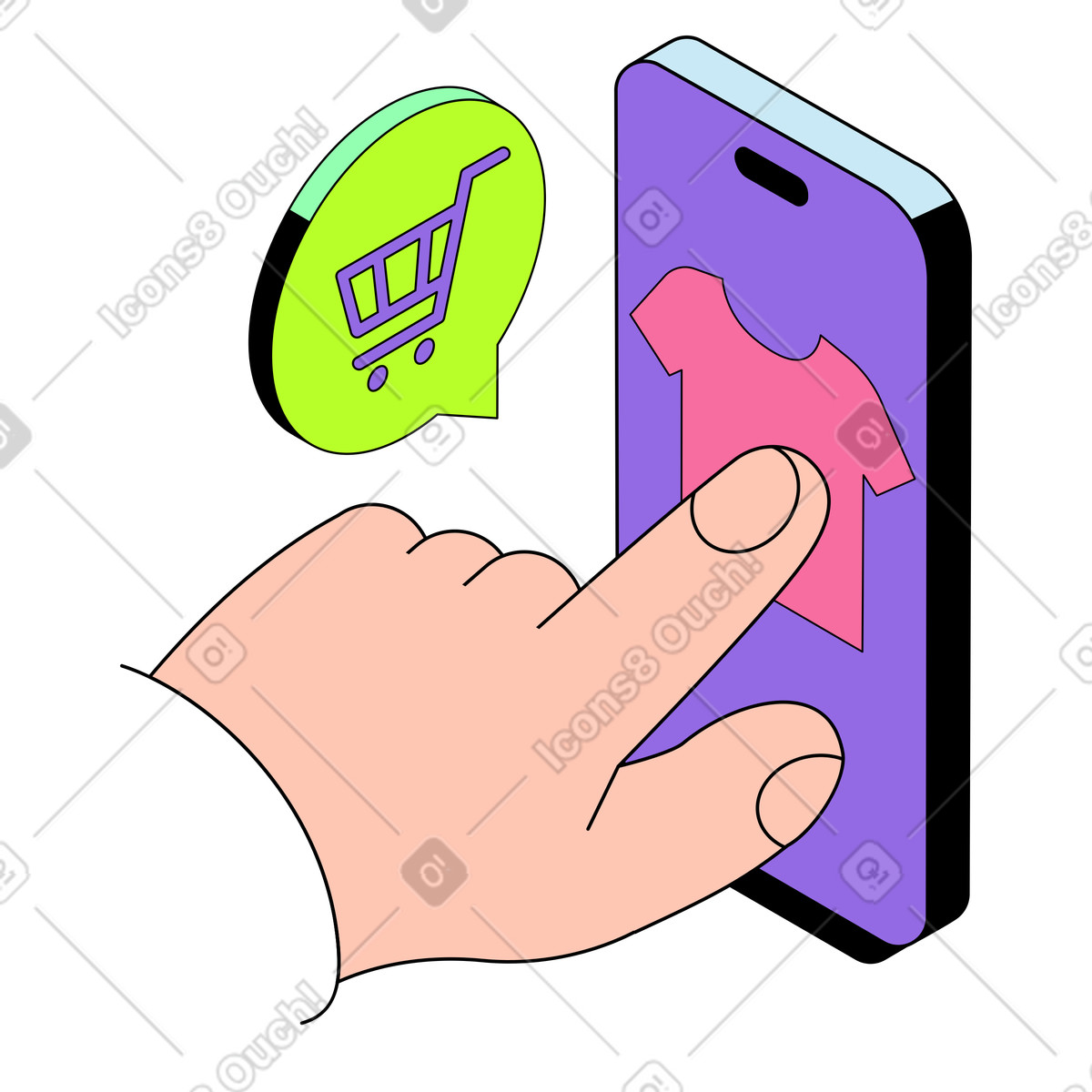 Shopping mobile e acquisto online illustrazione animata in stile Project scaricabile in GIF, Lottie (JSON), AE