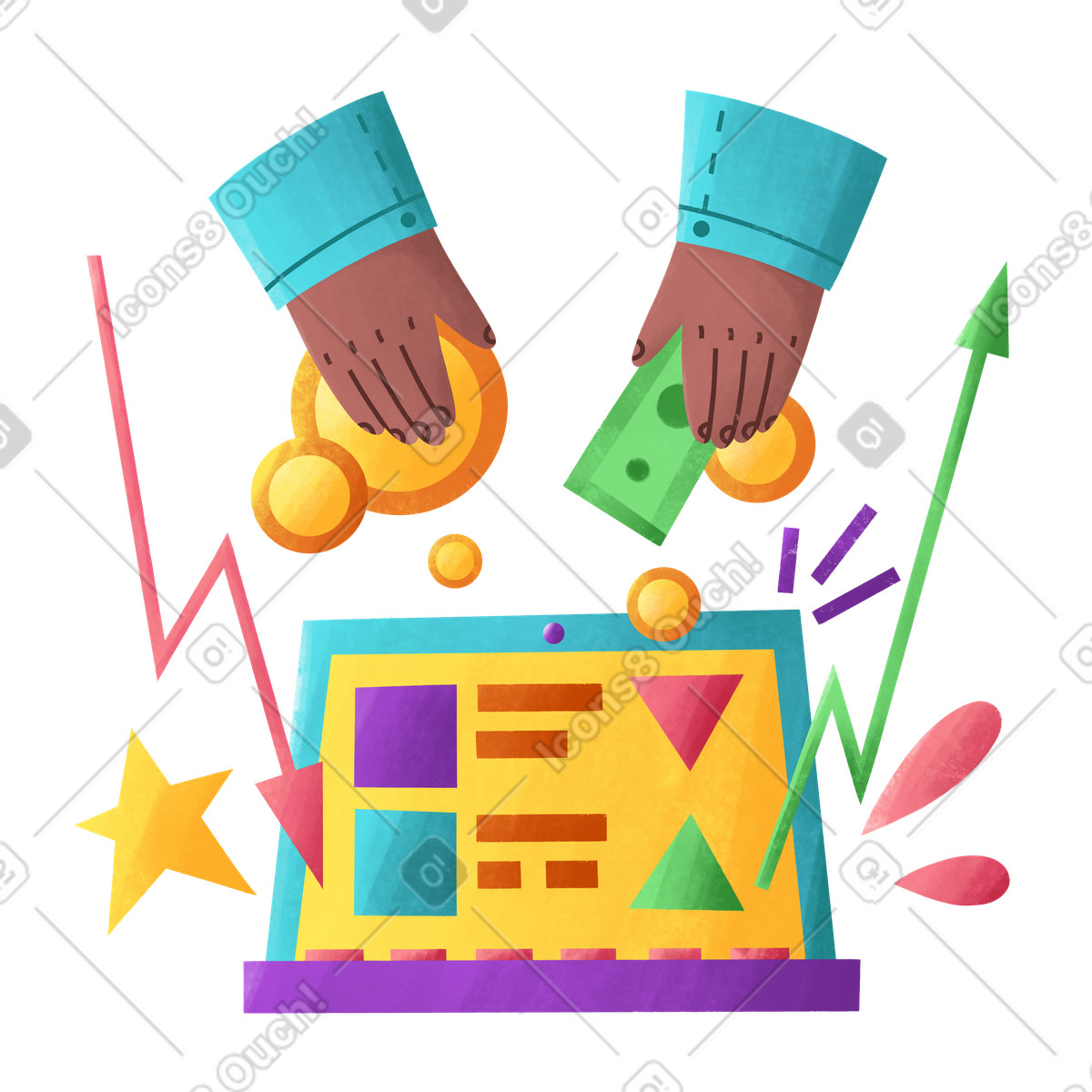 Bonbon スタイルの Laptop with stock market arrows and currency, Online investing trading のイラストをPNG、SVG形式でダウンロード