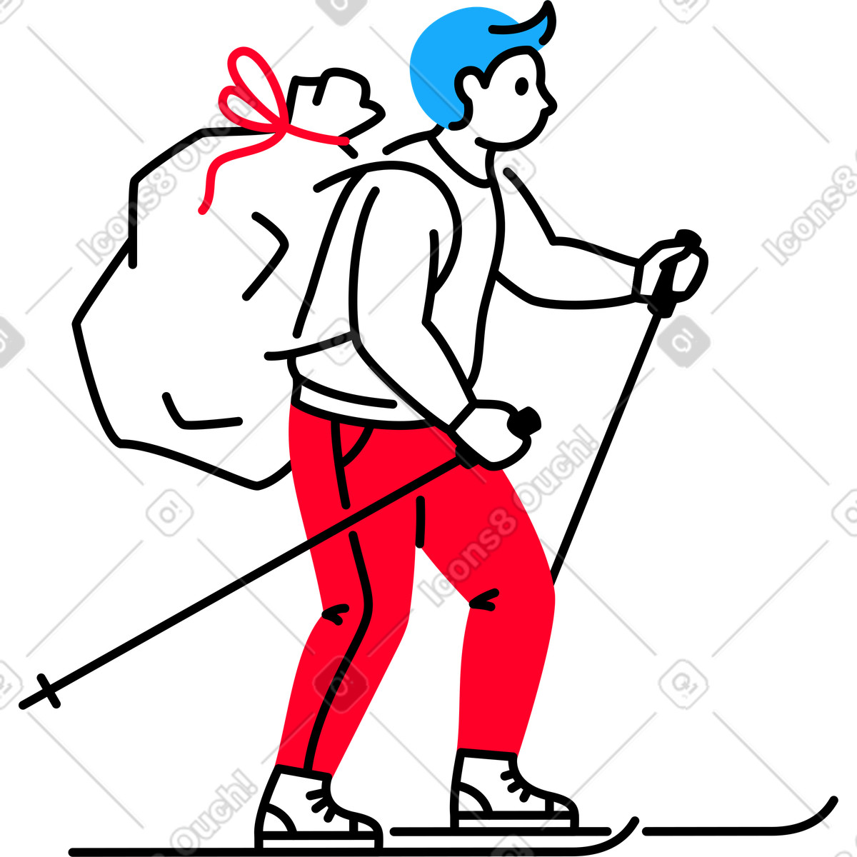 Illustration Man skiing with bag of gifts dans le style Transistor à télécharger aux formats PNG, SVG