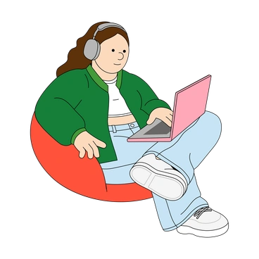 A woman sitting in a bean bag with a laptop - Kindy style illustration