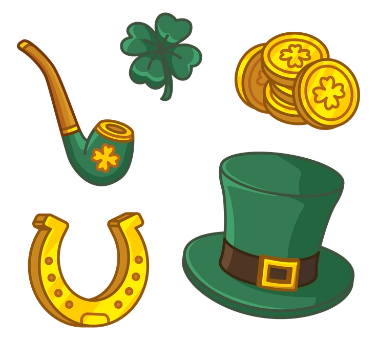 A pipe, clover, coins, horseshoe, and hat - Festicon style illustration