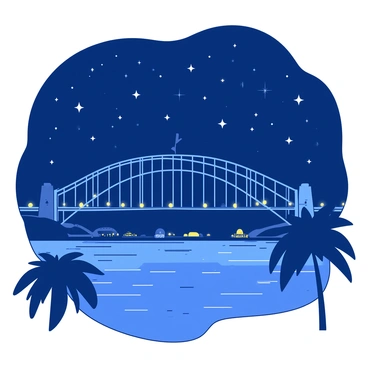 A dark blue night sky filled with numerous bright white stars twinkling above the Sydney Harbour Bridge. The bridge is illuminated with soft yellow lights, casting reflections on the calm water below. In the foreground, there are silhouettes of palm trees framing the scene, adding contrast to the illuminated structure of the bridge against the starry sky.