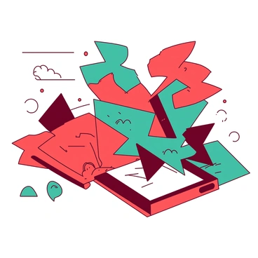 A vibrant abstract scene with shifting patterns and distorted shapes. Several overlapping geometric forms are arranged in a chaotic manner. Some sections appear to be fragmented and misaligned, creating a sense of movement and instability. The colors are a mix of bright red and teal, blending and contrasting across various shapes. There are pixelated sections where the image seems to break down, enhancing the composition's dynamic and modern feel.