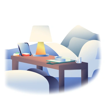 A nightstand with a lamp and phone wirelessly charging beside a bed