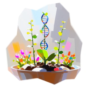 A vibrant garden filled with unique plants, where "DNA polymerase plants" stand prominently. Each plant has tall, slender stems adorned with "DNA tendrils" that spiral and twist upwards, taking the place of traditional leaves and flowers. The tendrils display intricate double-helix structures, glistening as they catch the sunlight. The garden features a variety of colors, with the tendrils reflecting shades of green, blue, and purple. The soil is rich and textured, with small patches of vibrant flowers and greenery surrounding the DNA polymerase plants, creating a harmonious blend of nature and scientific imagery.