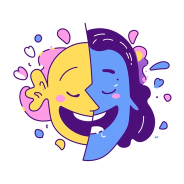 A duotone illustration with one half featuring a yellow face displaying a wide smile, bright eyes, and expressive laughter. Colorful confetti surrounds this side, enhancing the feeling of joy. The other half of the illustration is a deep blue face with downturned lips, glistening tears streaming down its cheeks. The background contrasts between vibrant elements on the joyful side and muted tones on the sorrowful side, emphasizing the duality of emotions.