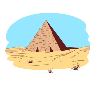 A towering ancient pyramid made of large, weathered stone blocks rises majestically against a backdrop of a vast, sprawling desert. The pyramid's sides are covered in sand, with some blocks partially buried, hinting at the passage of time. The desert surrounding the pyramid is characterized by rolling dunes, their curves casting shadows in the bright sunlight. Sparse tufts of dry grass can be seen sporadically throughout the sandy landscape. The clear blue sky above contrasts with the golden hues of the sand, creating a striking visual impact.