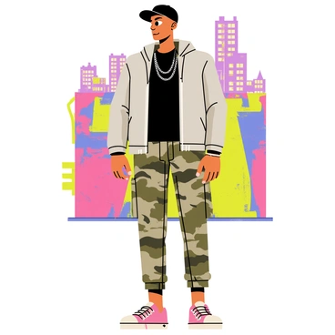 A streetwear outfit combining various textures, like mesh and fleece, with an urban backdrop.