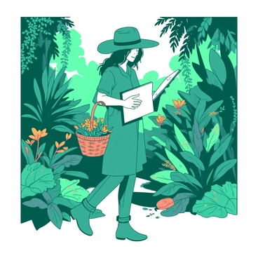 A teal artist with a wide-brimmed hat is walking through a lush tropical rainforest. The artist is carrying a sketchbook in one hand and a small wicker basket in the other, filled with various reference plants. Around them, there are large green leaves, vibrant flowers, and intricate vines. The sunlight filters through the dense canopy above, casting dappled shadows on the forest floor, which is dotted with colorful foliage and small creatures. The artist is intently observing a bright orange flower, preparing to sketch it in their book.