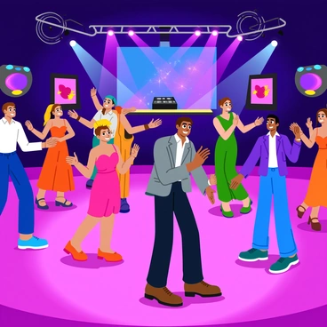 A lively dance floor filled with guests dancing joyfully. The floor is illuminated with bright colors reflecting off the surface, creating a vibrant atmosphere. Guests are dressed in a variety of outfits, including colorful dresses, sharp suits, and playful accessories. They are engaged in different dance moves, with some couples twirling and others dancing in groups. Above them, sparkling lights hang from the ceiling, casting shimmering reflections around the space. The background features a DJ booth with colorful sound equipment and speakers, enhancing the energetic vibe.