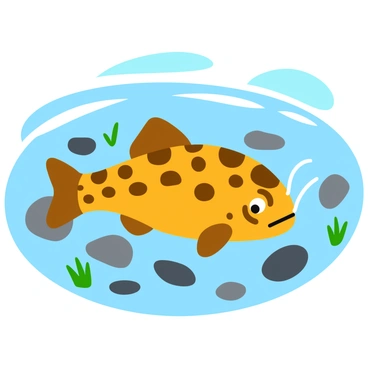 A camouflaged catfish with mottled skin patterns resembling the riverbed stones. The catfish is partially submerged in clear water, surrounded by smooth, round pebbles of various sizes and colors, such as grays, browns, and greens. Sunlight filters through the water, creating shimmering patterns on the stones and the fish's body. Small plants and algae are scattered around the riverbed, adding a touch of vibrant green to the scene. The catfish's whiskers extend outward as it remains still, blending seamlessly with its environment.